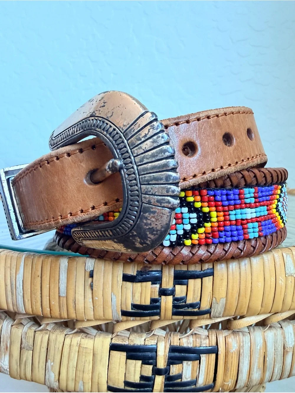Handcrafted Brown Leather Belt with Multicolor Beaded Accent